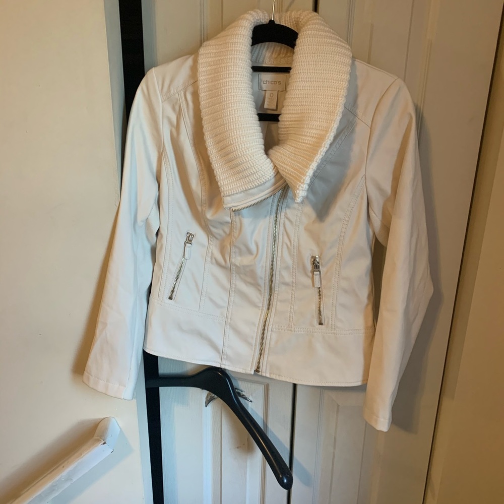Chico’s Cream Vegan Leather Jacket Knit Collar Sz4
